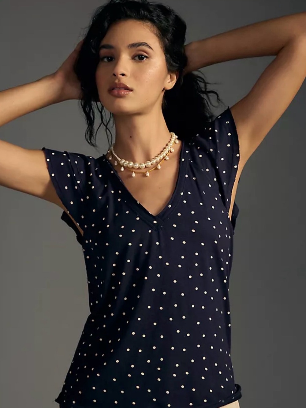 Anthropologie Navy Polka Dot Ruffle-Sleeved Tee - Picture 1 of 5
